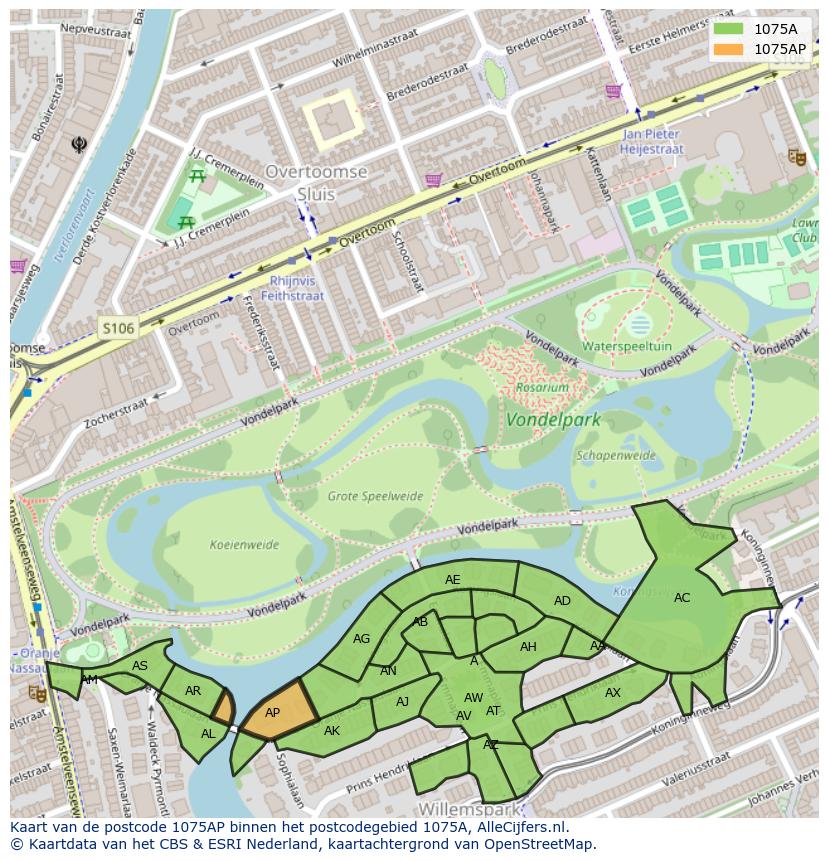 Afbeelding van het postcodegebied 1075 AP op de kaart.