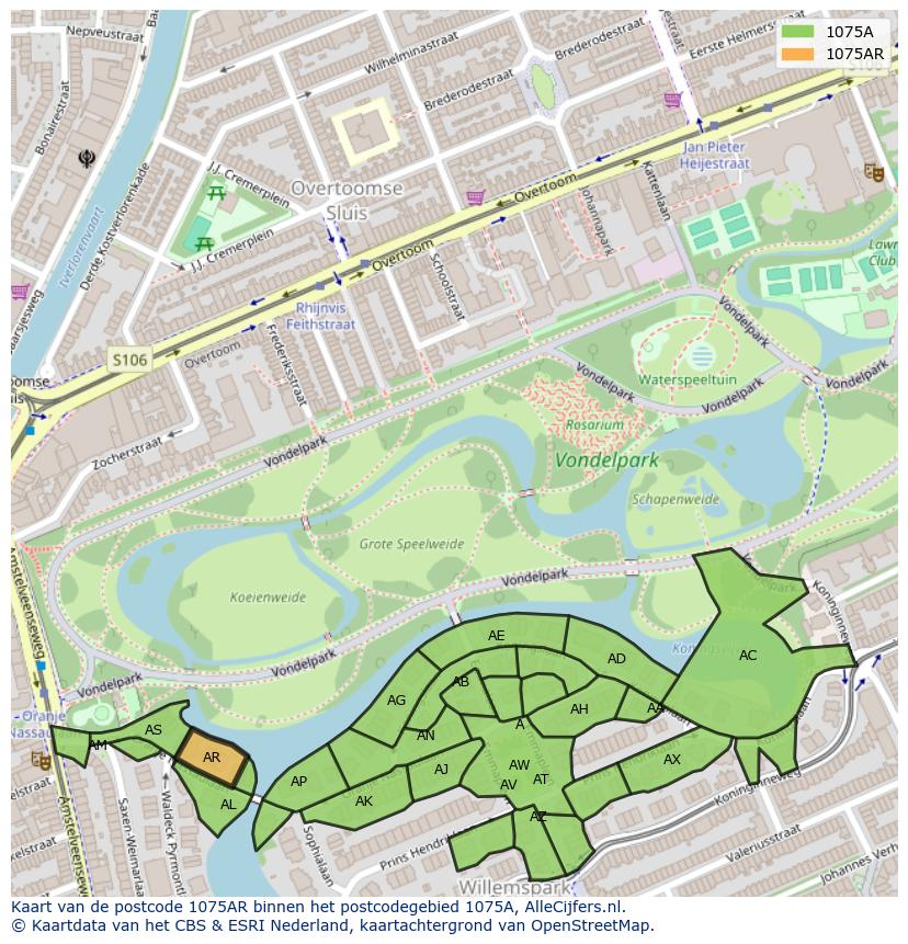 Afbeelding van het postcodegebied 1075 AR op de kaart.
