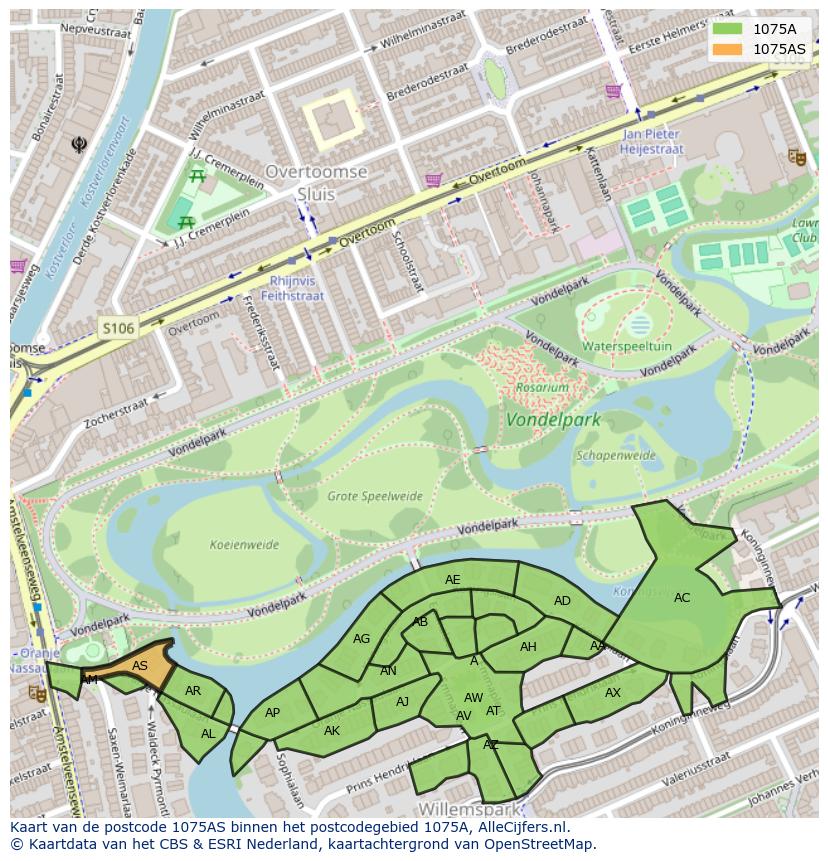 Afbeelding van het postcodegebied 1075 AS op de kaart.