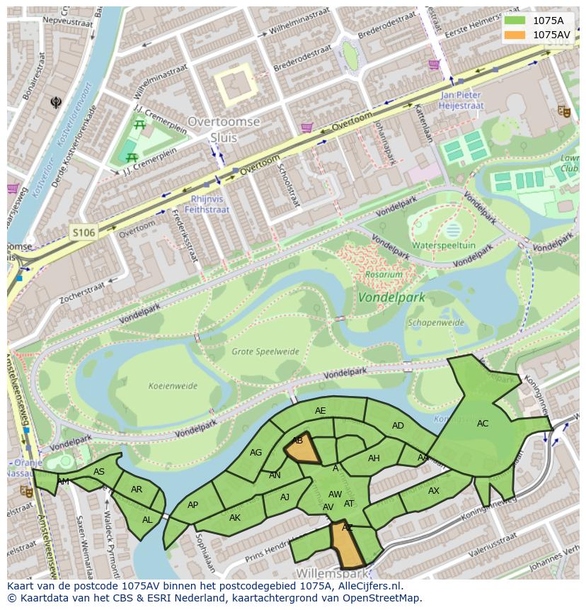 Afbeelding van het postcodegebied 1075 AV op de kaart.