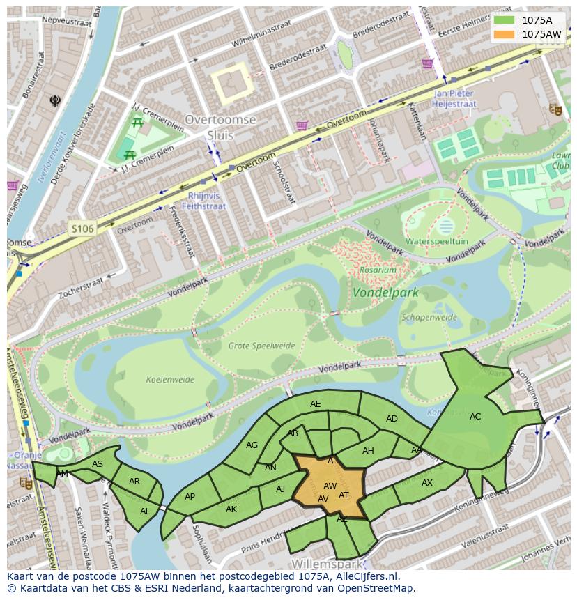 Afbeelding van het postcodegebied 1075 AW op de kaart.