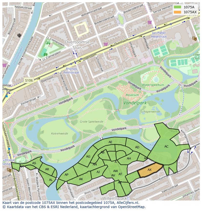Afbeelding van het postcodegebied 1075 AX op de kaart.