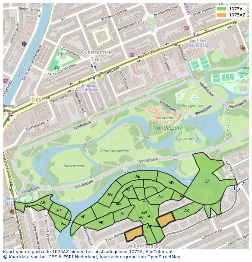 Afbeelding van het postcodegebied 1075 AZ op de kaart.
