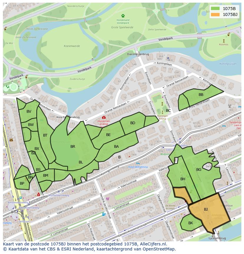 Afbeelding van het postcodegebied 1075 BJ op de kaart.