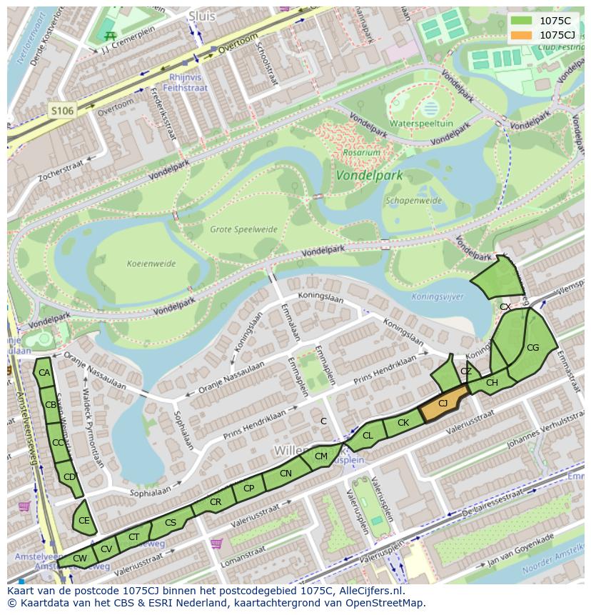 Afbeelding van het postcodegebied 1075 CJ op de kaart.