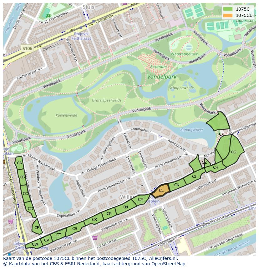Afbeelding van het postcodegebied 1075 CL op de kaart.