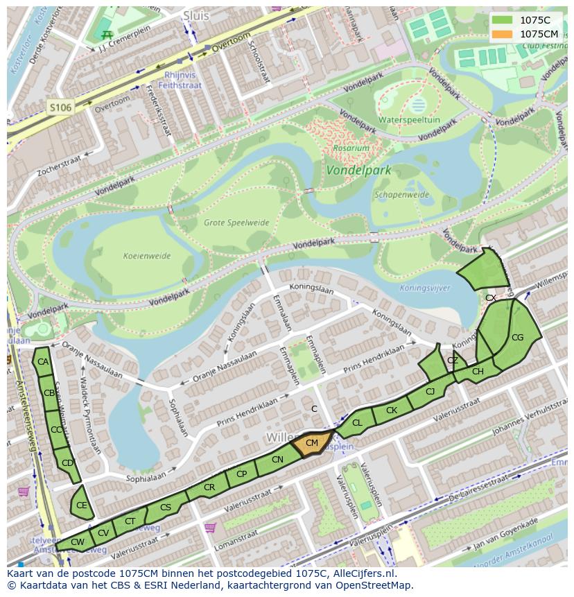 Afbeelding van het postcodegebied 1075 CM op de kaart.