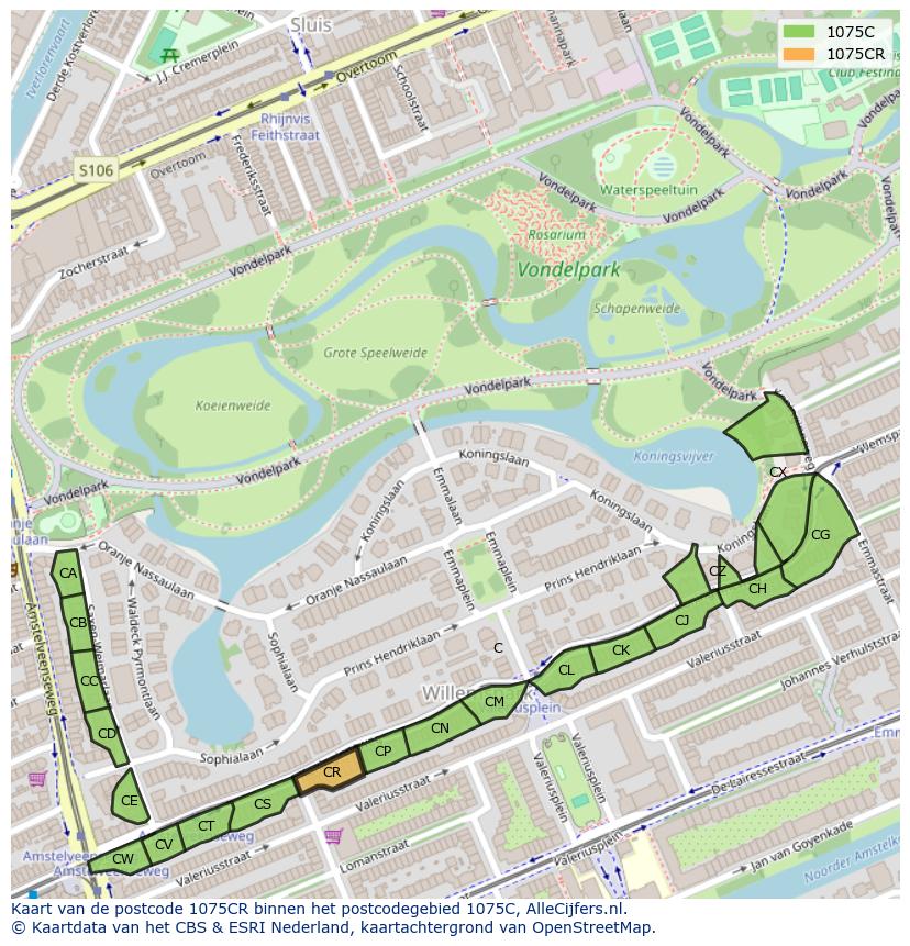 Afbeelding van het postcodegebied 1075 CR op de kaart.
