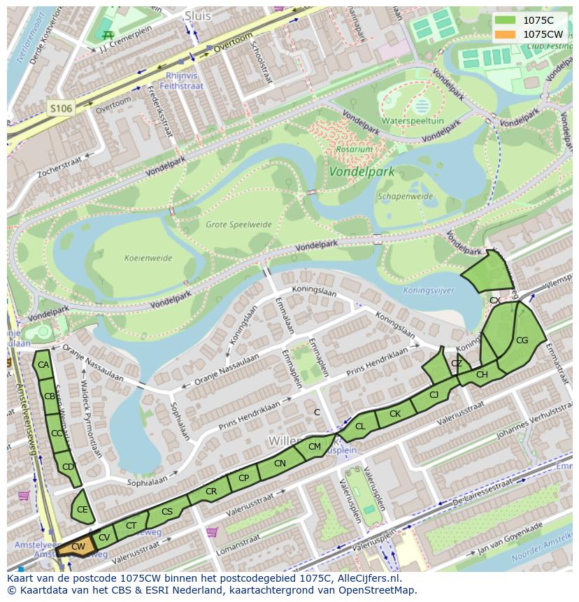 Afbeelding van het postcodegebied 1075 CW op de kaart.
