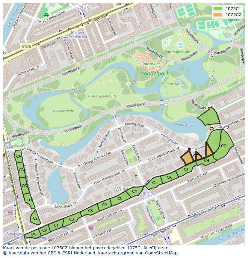 Afbeelding van het postcodegebied 1075 CZ op de kaart.