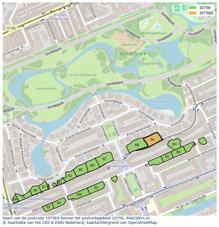 Afbeelding van het postcodegebied 1075 EA op de kaart.