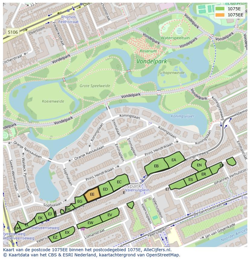 Afbeelding van het postcodegebied 1075 EE op de kaart.