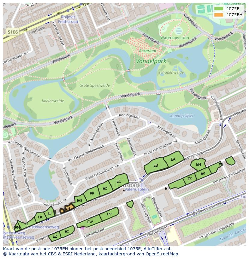 Afbeelding van het postcodegebied 1075 EH op de kaart.
