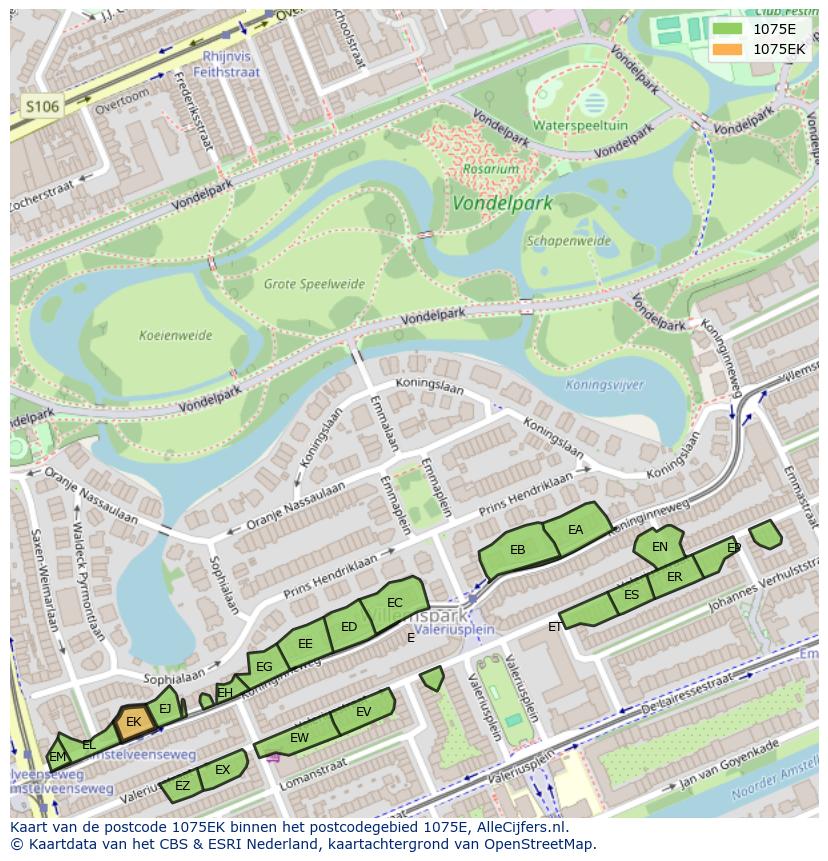 Afbeelding van het postcodegebied 1075 EK op de kaart.