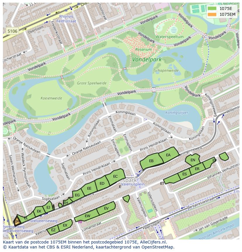 Afbeelding van het postcodegebied 1075 EM op de kaart.