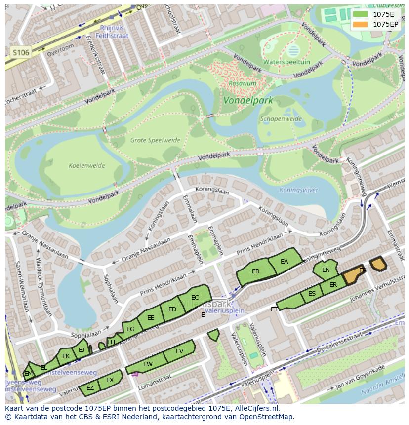 Afbeelding van het postcodegebied 1075 EP op de kaart.