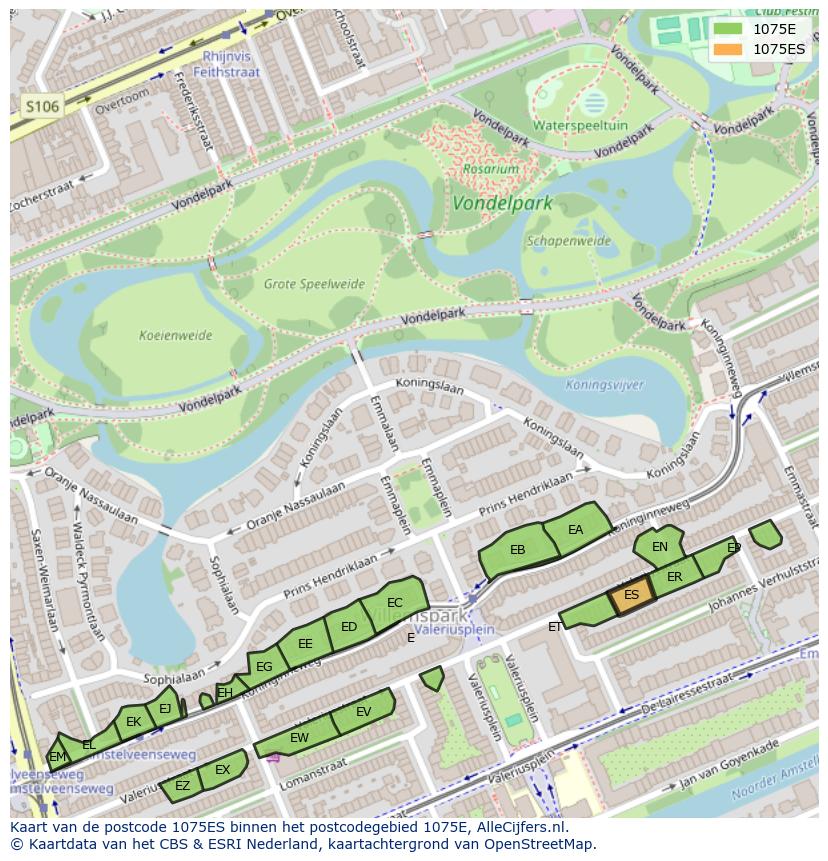 Afbeelding van het postcodegebied 1075 ES op de kaart.