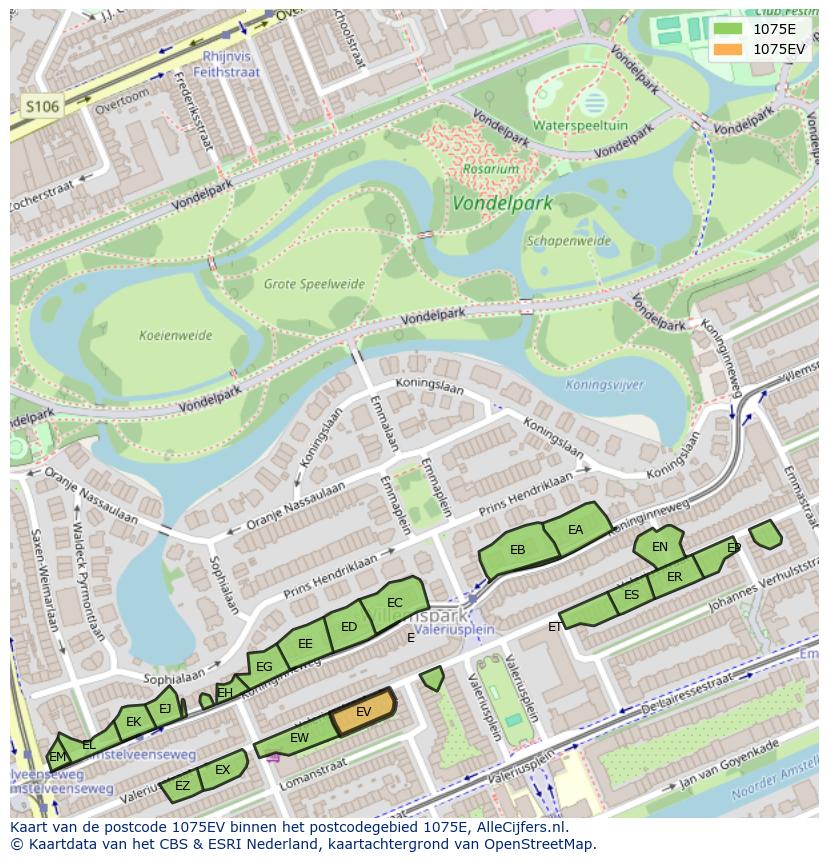 Afbeelding van het postcodegebied 1075 EV op de kaart.