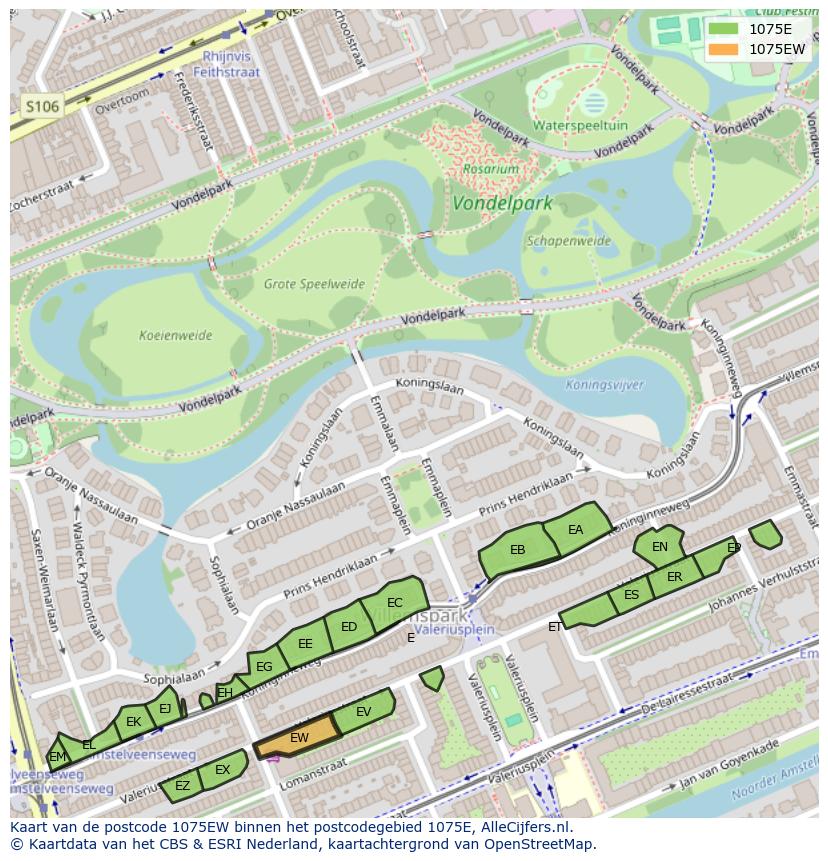 Afbeelding van het postcodegebied 1075 EW op de kaart.