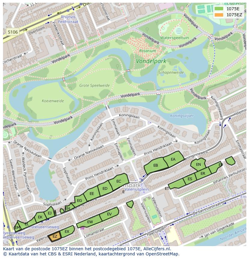 Afbeelding van het postcodegebied 1075 EZ op de kaart.