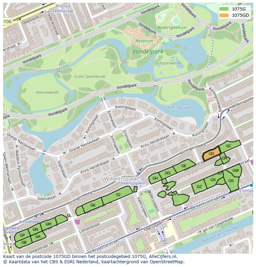 Afbeelding van het postcodegebied 1075 GD op de kaart.