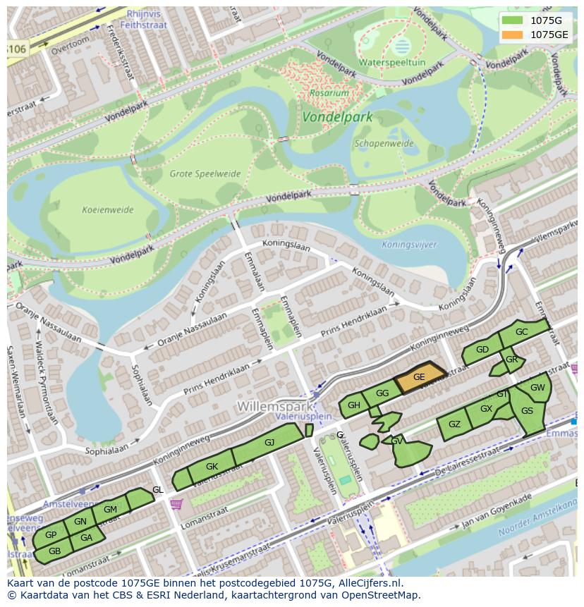 Afbeelding van het postcodegebied 1075 GE op de kaart.