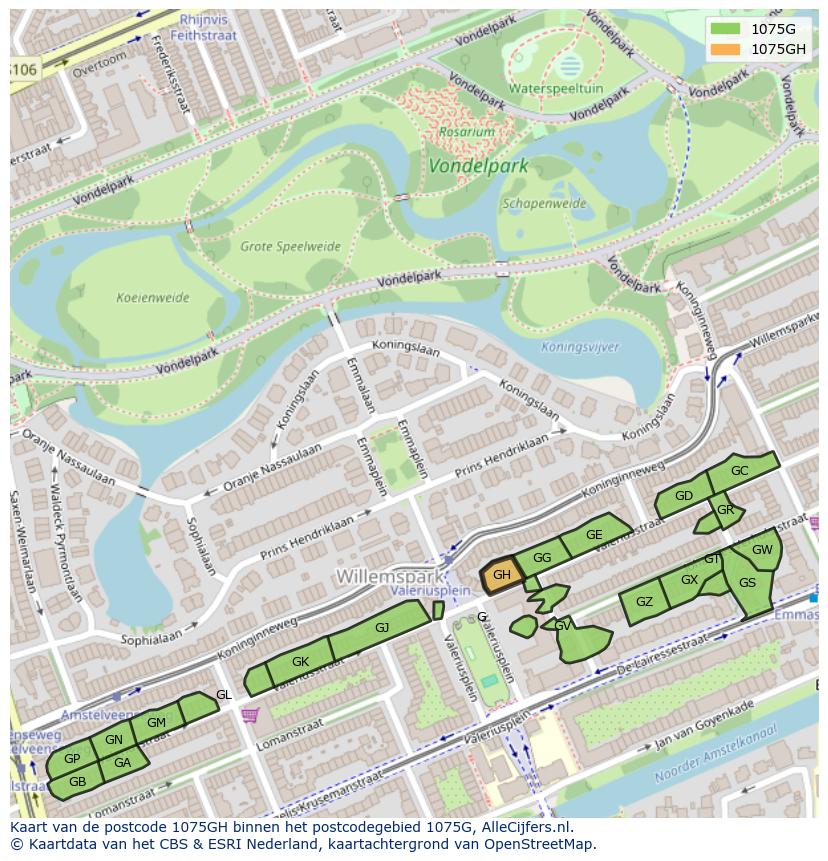 Afbeelding van het postcodegebied 1075 GH op de kaart.