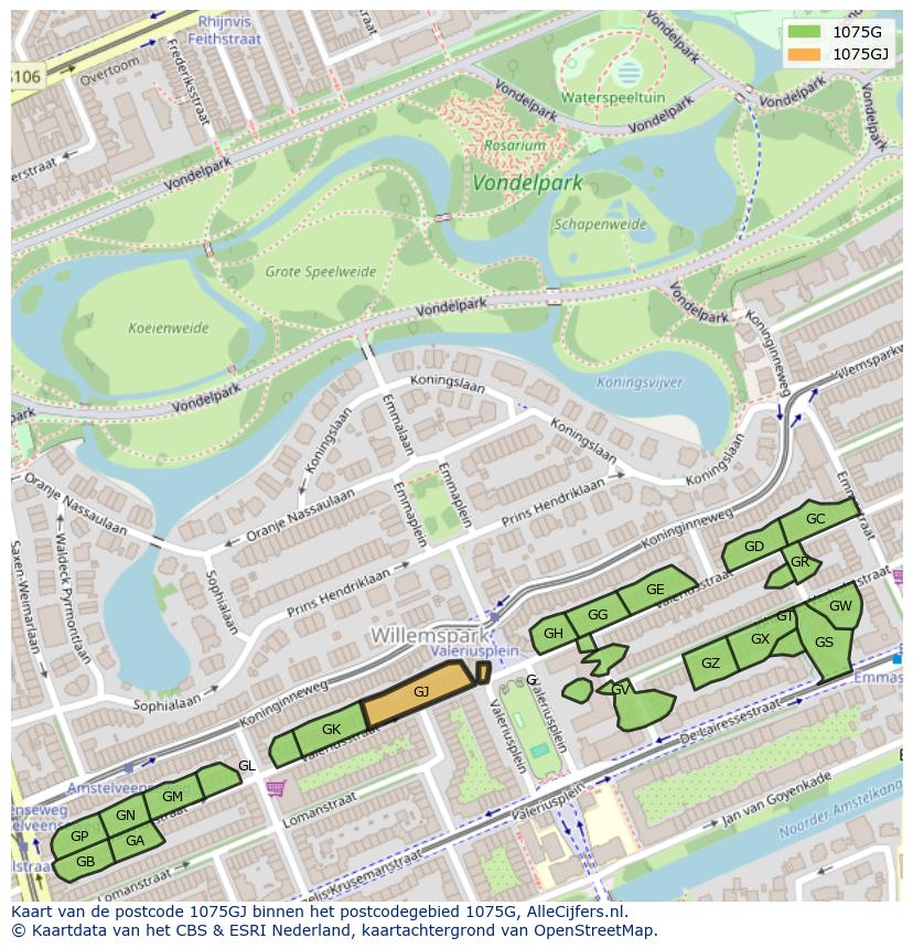 Afbeelding van het postcodegebied 1075 GJ op de kaart.