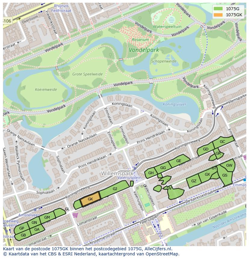 Afbeelding van het postcodegebied 1075 GK op de kaart.