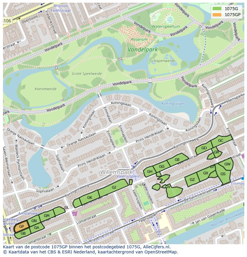 Afbeelding van het postcodegebied 1075 GP op de kaart.