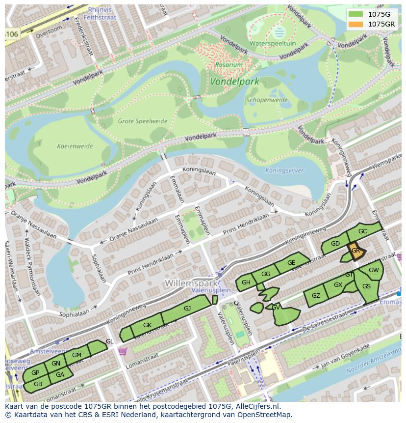 Afbeelding van het postcodegebied 1075 GR op de kaart.