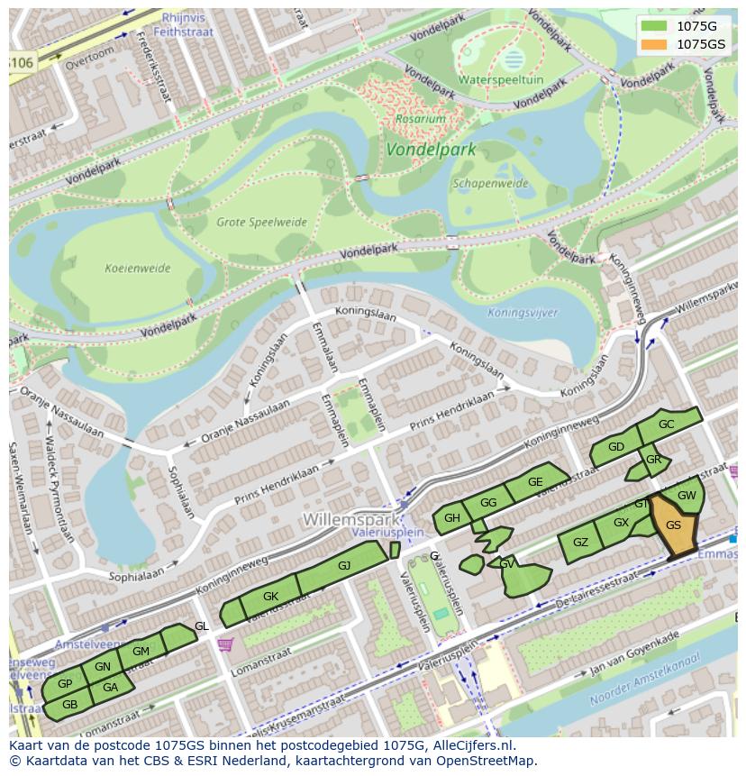 Afbeelding van het postcodegebied 1075 GS op de kaart.