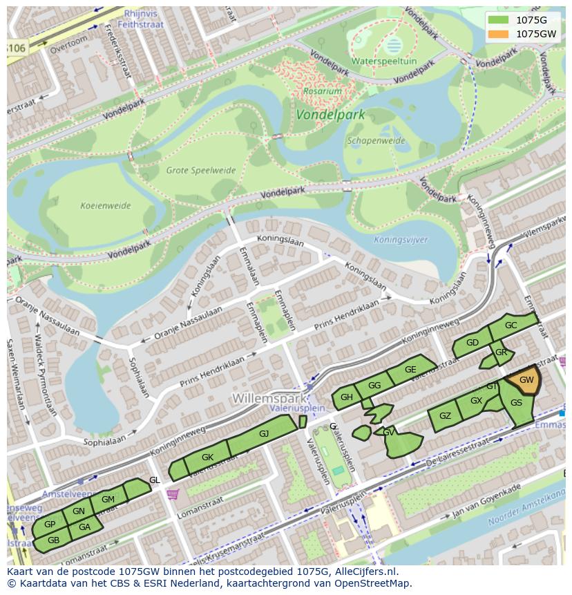 Afbeelding van het postcodegebied 1075 GW op de kaart.