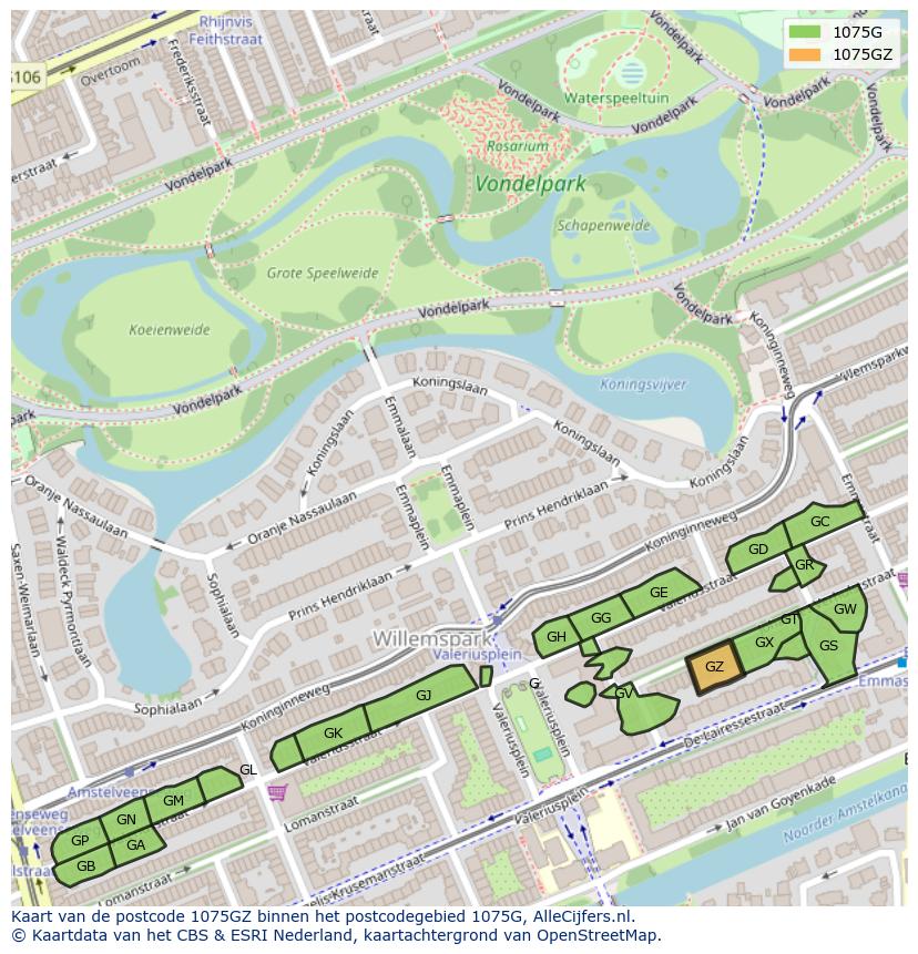 Afbeelding van het postcodegebied 1075 GZ op de kaart.