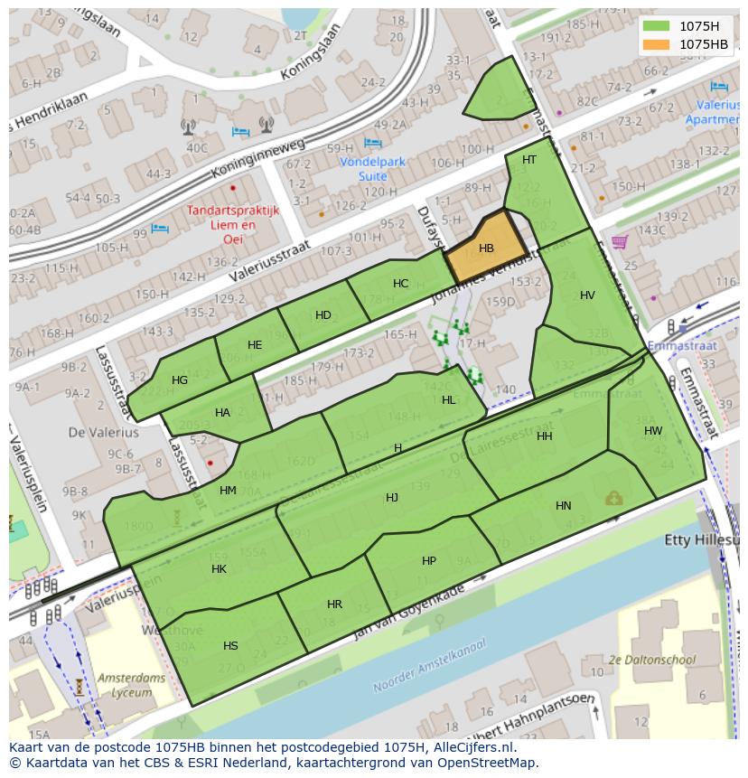 Afbeelding van het postcodegebied 1075 HB op de kaart.