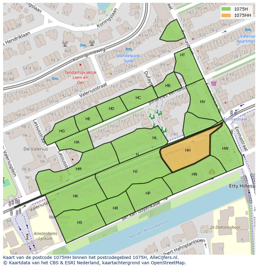 Afbeelding van het postcodegebied 1075 HH op de kaart.