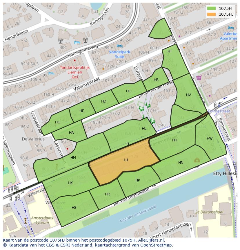 Afbeelding van het postcodegebied 1075 HJ op de kaart.