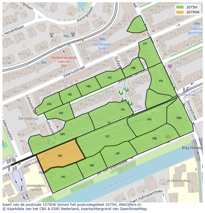 Afbeelding van het postcodegebied 1075 HK op de kaart.