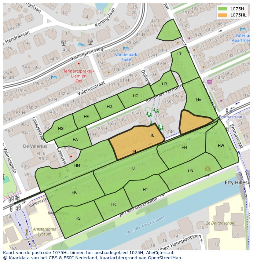 Afbeelding van het postcodegebied 1075 HL op de kaart.