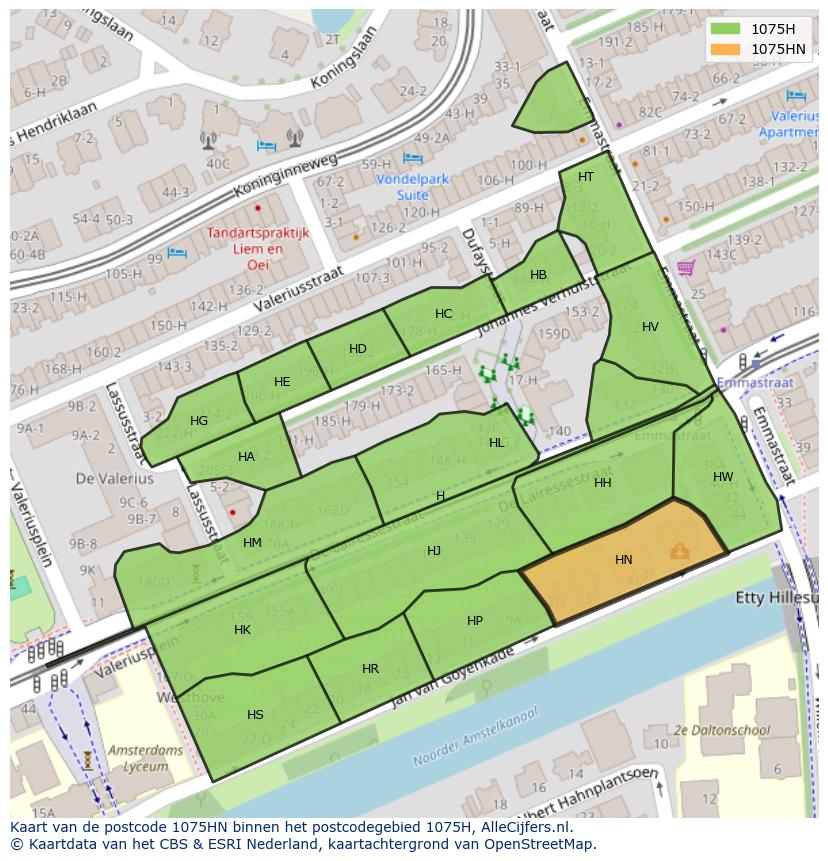 Afbeelding van het postcodegebied 1075 HN op de kaart.