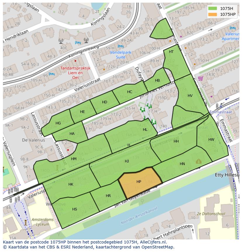 Afbeelding van het postcodegebied 1075 HP op de kaart.