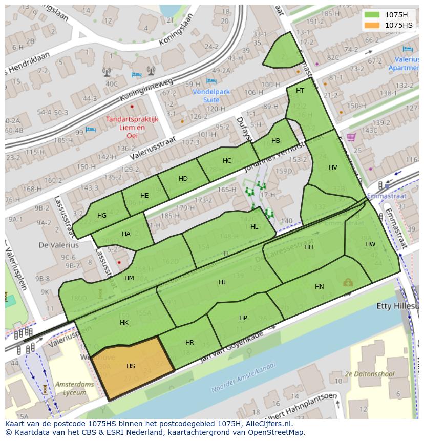 Afbeelding van het postcodegebied 1075 HS op de kaart.
