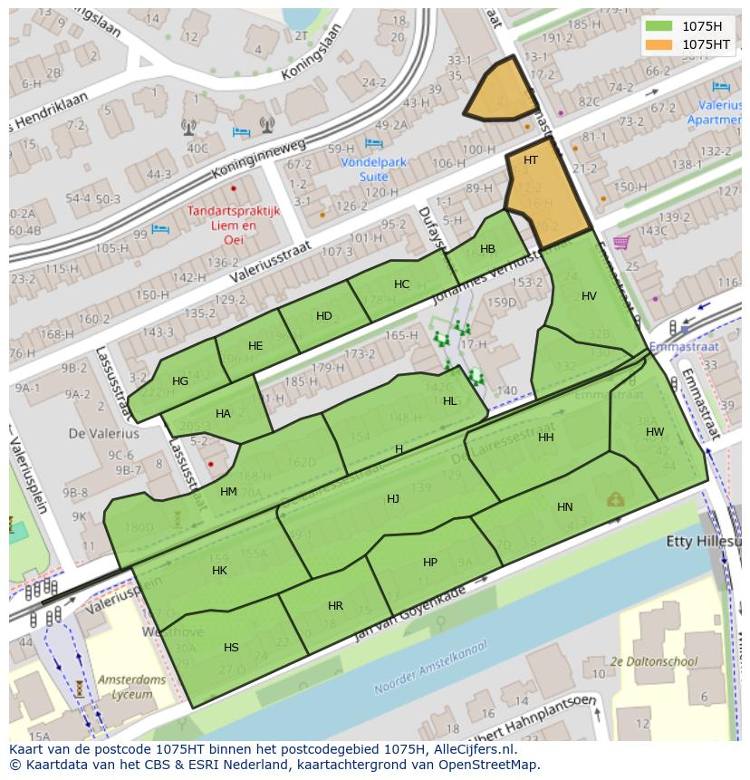 Afbeelding van het postcodegebied 1075 HT op de kaart.