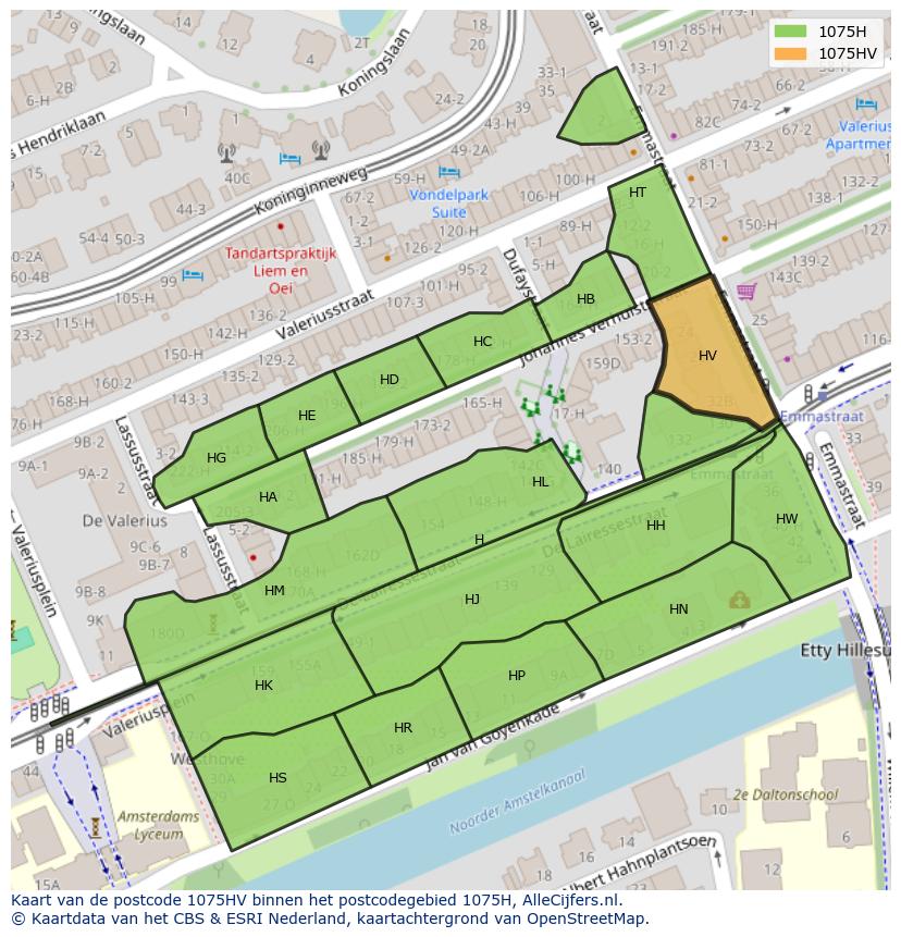 Afbeelding van het postcodegebied 1075 HV op de kaart.