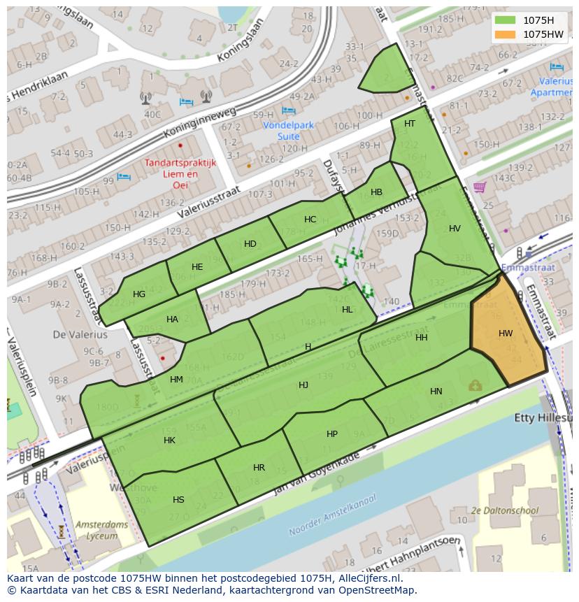 Afbeelding van het postcodegebied 1075 HW op de kaart.