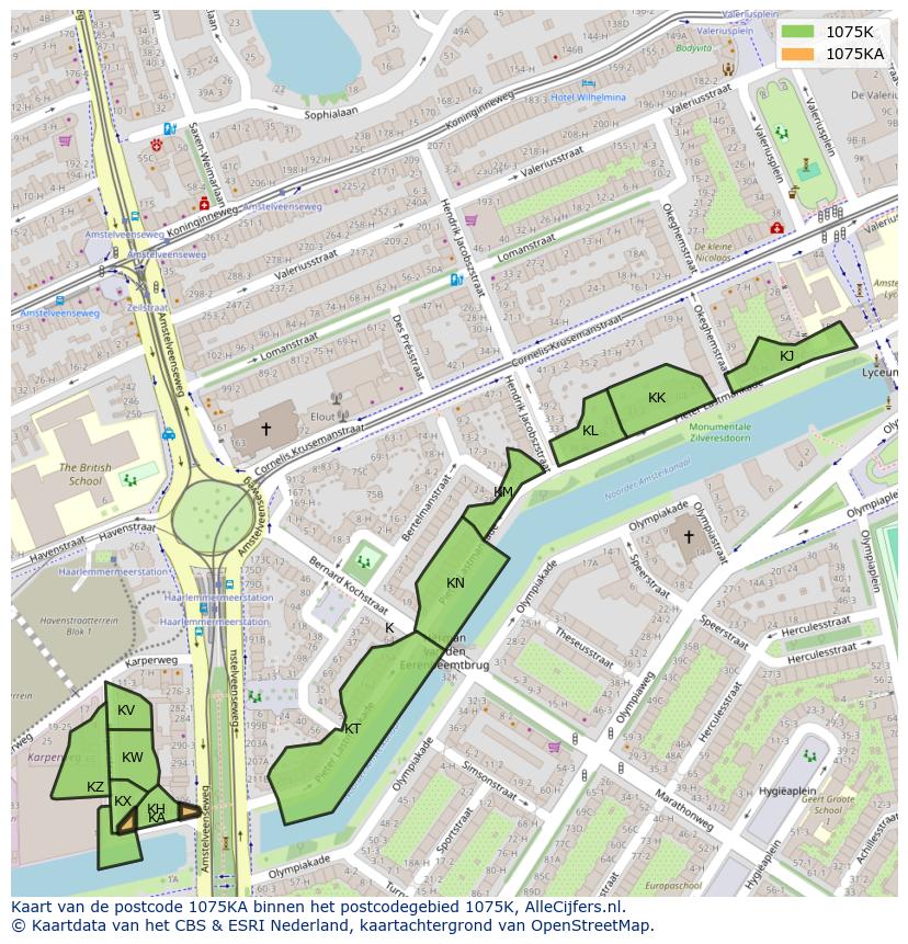 Afbeelding van het postcodegebied 1075 KA op de kaart.
