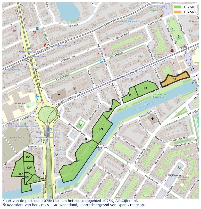 Afbeelding van het postcodegebied 1075 KJ op de kaart.