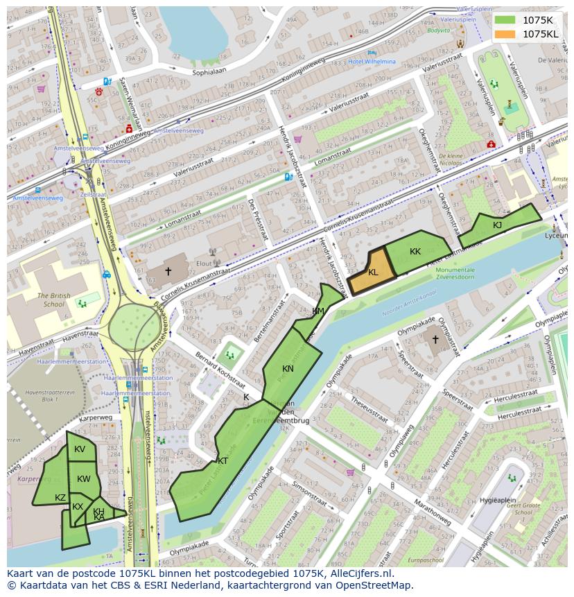 Afbeelding van het postcodegebied 1075 KL op de kaart.