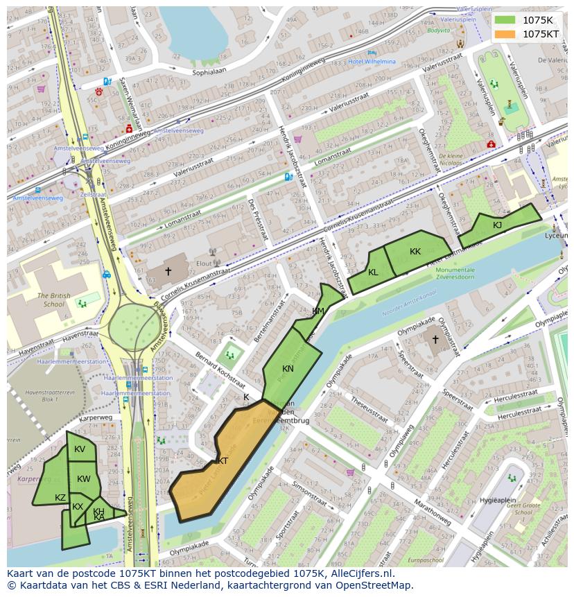 Afbeelding van het postcodegebied 1075 KT op de kaart.