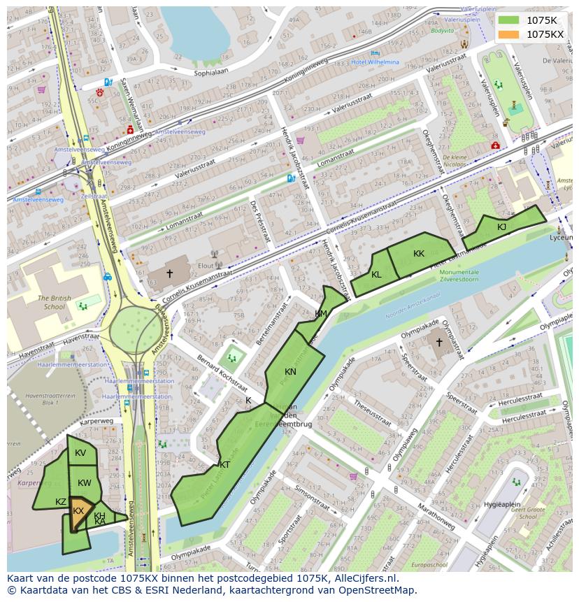 Afbeelding van het postcodegebied 1075 KX op de kaart.
